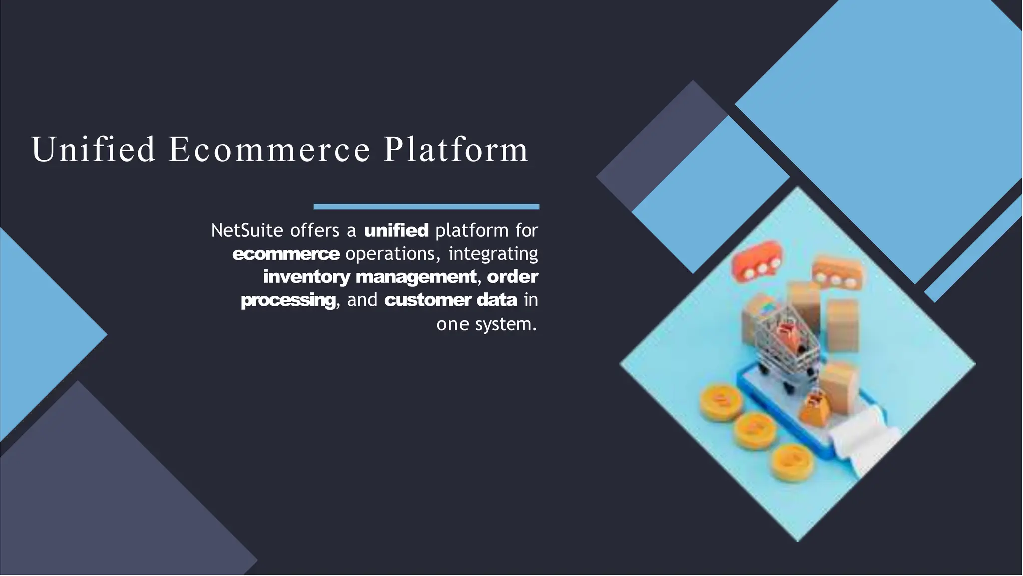 Unified Ecommerce Platform
NetSuite offers a unified platform for
ecommerce operations, integrating
inventory management, order
processing, and customer data in
one system.
 