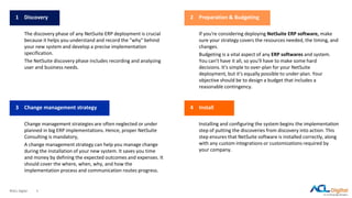 ©ACL Digital 5
Discovery
The discovery phase of any NetSuite ERP deployment is crucial
because it helps you understand and record the "why" behind
your new system and develop a precise implementation
specification.
The NetSuite discovery phase includes recording and analyzing
user and business needs.
1 Preparation & Budgeting
If you're considering deploying NetSuite ERP software, make
sure your strategy covers the resources needed, the timing, and
changes.
Budgeting is a vital aspect of any ERP softwares and system.
You can't have it all, so you'll have to make some hard
decisions. It's simple to over-plan for your NetSuite
deployment, but it's equally possible to under-plan. Your
objective should be to design a budget that includes a
reasonable contingency.
2
Change management strategy
Change management strategies are often neglected or under
planned in big ERP implementations. Hence, proper NetSuite
Consulting is mandatory,
A change management strategy can help you manage change
during the installation of your new system. It saves you time
and money by defining the expected outcomes and expenses. It
should cover the where, when, why, and how the
implementation process and communication routes progress.
3 Install
Installing and configuring the system begins the implementation
step of putting the discoveries from discovery into action. This
step ensures that NetSuite software is installed correctly, along
with any custom integrations or customizations required by
your company.
4
 