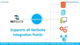 SuiteStation – NetSuite Development , Implementation And Consulting | Call: +1-408-641-7004 | Mail: info@suitestation.com
www.suitestation.com
Supports all NetSuite
Integration Points
 