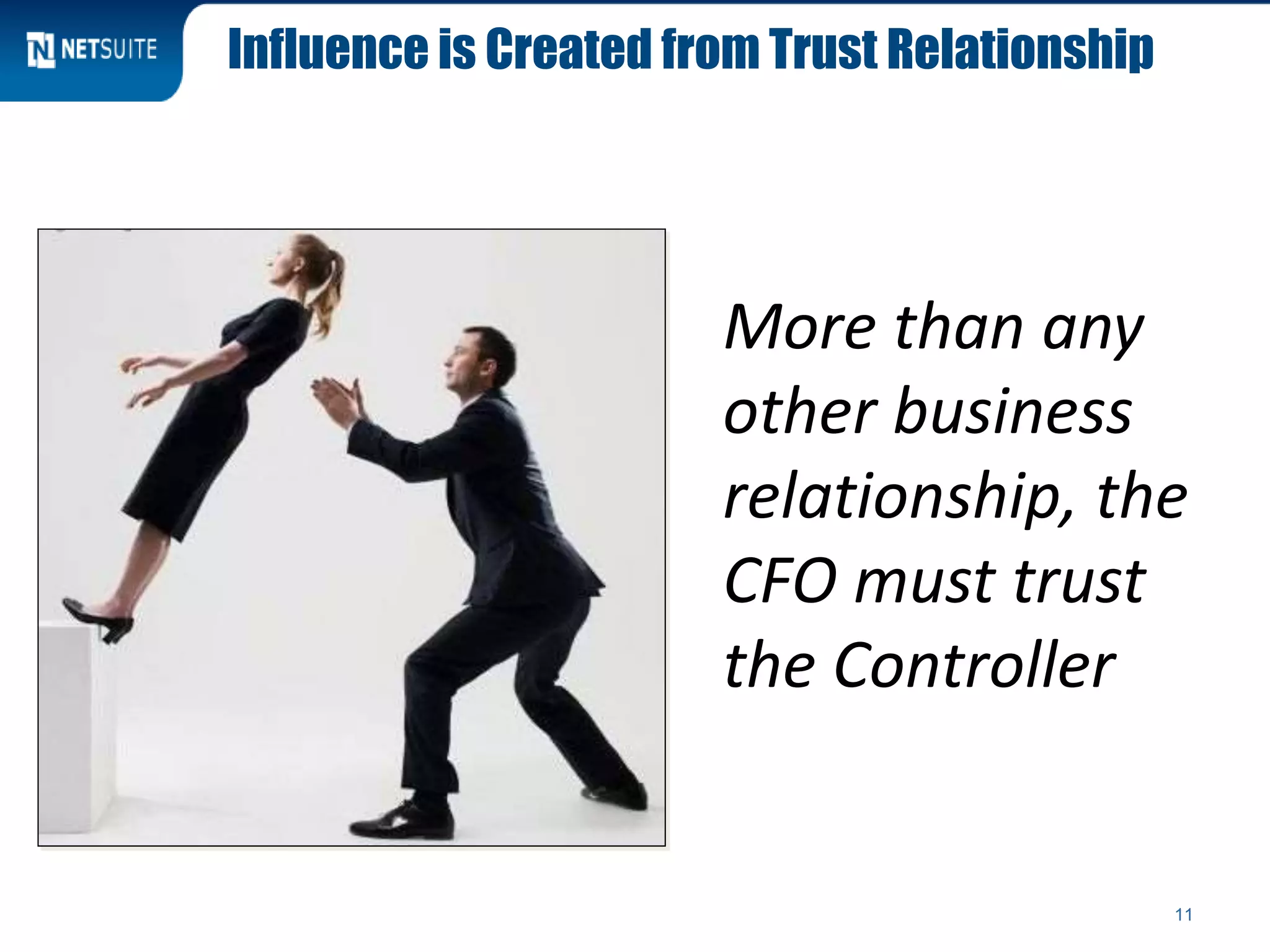 Influence is Created from Trust Relationship
11
More than any
other business
relationship, the
CFO must trust
the Controller
 