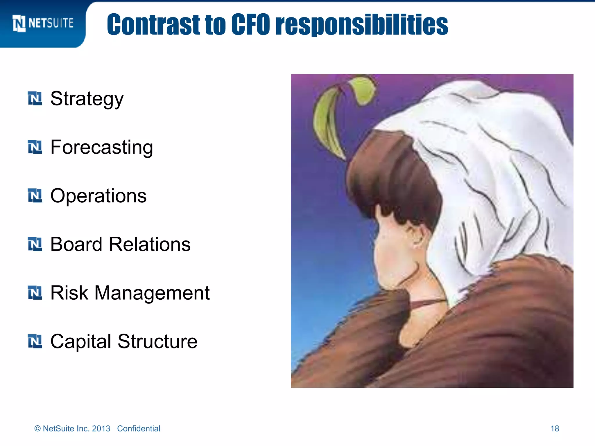 Contrast to CFO responsibilities
Strategy
Forecasting
Operations
Board Relations
Risk Management
Capital Structure
18© NetSuite Inc. 2013 Confidential
 