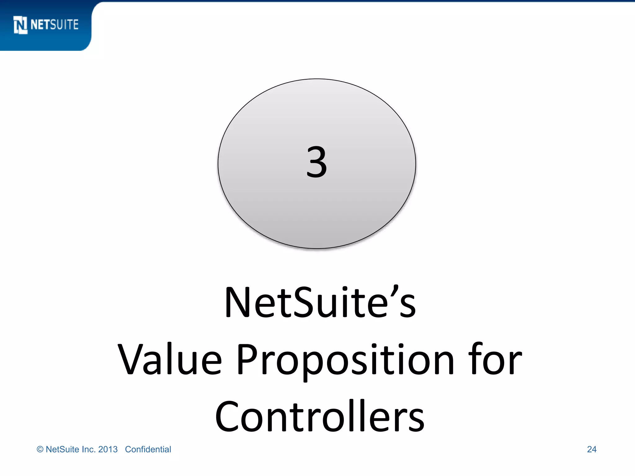© NetSuite Inc. 2013 Confidential 24
3
NetSuite’s
Value Proposition for
Controllers
 