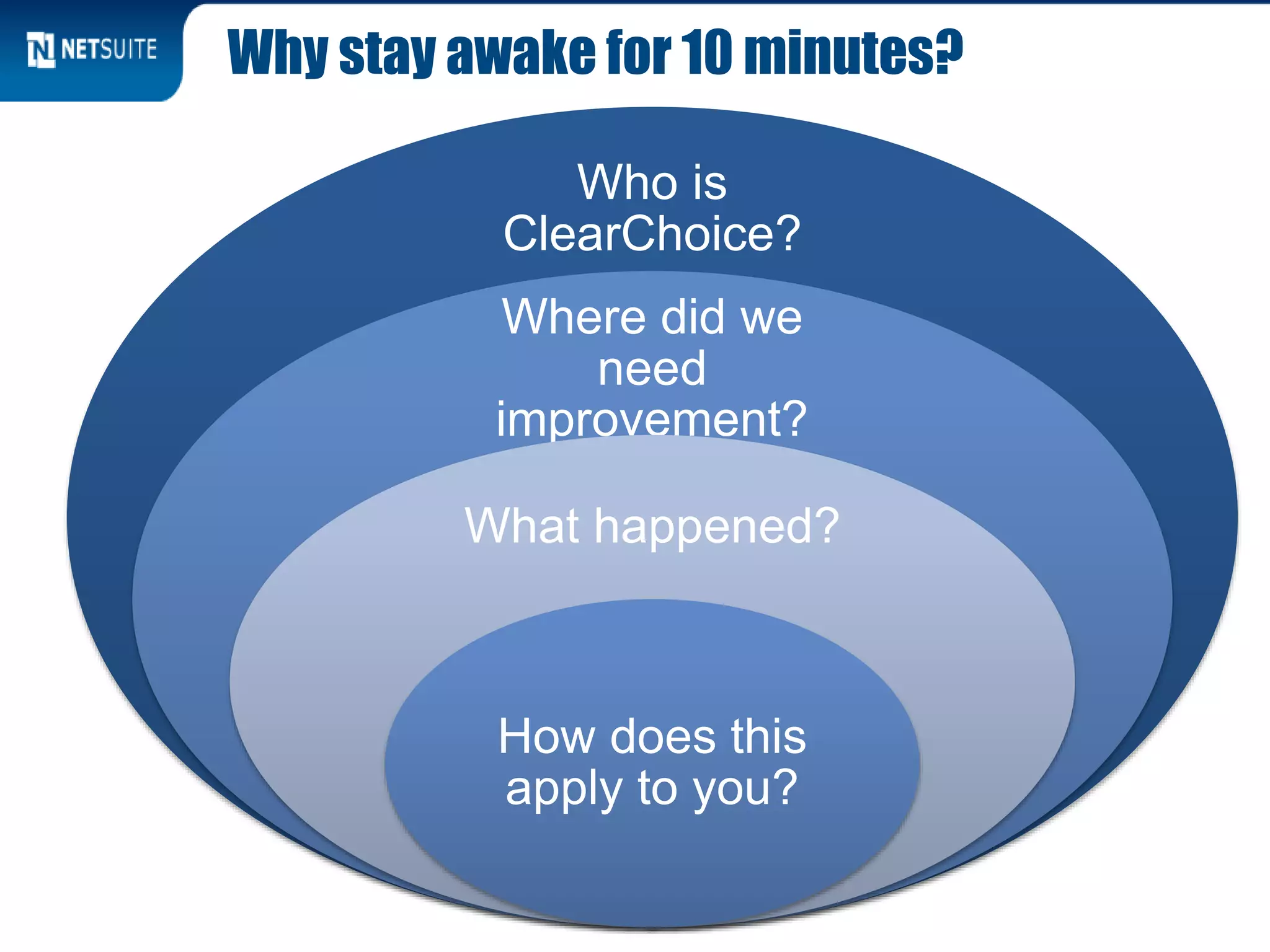 Who is
ClearChoice?
Where did we
need
improvement?
What happened?
How does this
apply to you?
Why stay awake for 10 minutes?
 