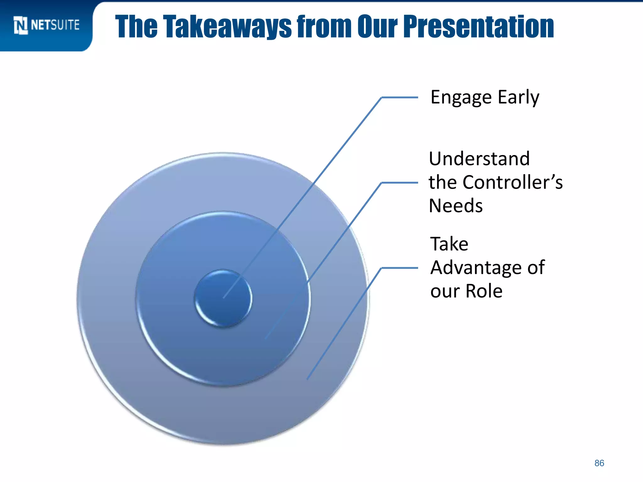 The Takeaways from Our Presentation
Engage Early
Understand
the Controller’s
Needs
Take
Advantage of
our Role
86
 