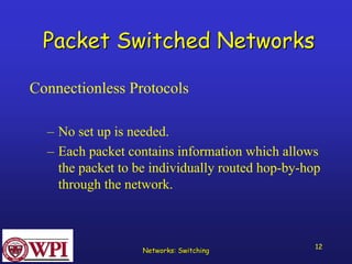 Networks: Switching 12 
Packet Switched Networks 
Connectionless Protocols 
–No set up is needed. 
–Each packet contains information which allows the packet to be individually routed hop-by-hop through the network.  