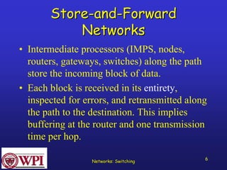 Networks: Switching 6 
Store Store-and and-Forward 
Networks 
•Intermediate processors (IMPS, nodes, routers, gateways, switches) along the path store the incoming block of data. 
•Each block is received in its entirety, inspected for errors, and retransmitted along the path to the destination. This implies buffering at the router and one transmission time per hop.  