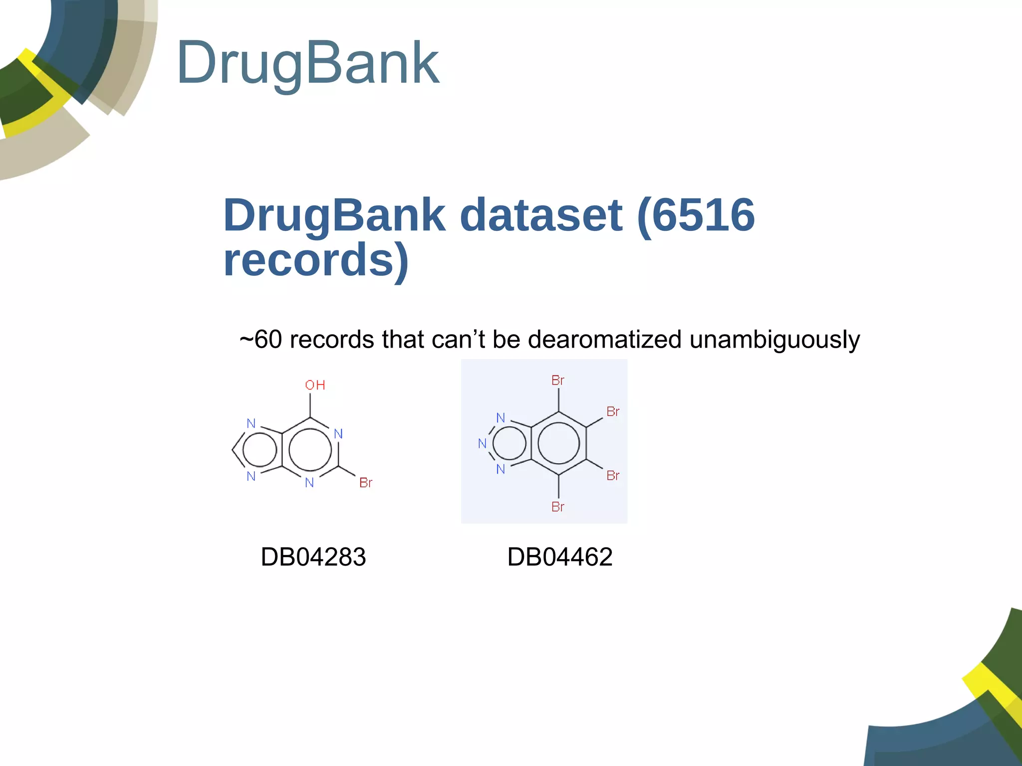 DrugBank
DrugBank dataset (6516
records)
~60 records that can’t be dearomatized unambiguously

DB04283

DB04462

 