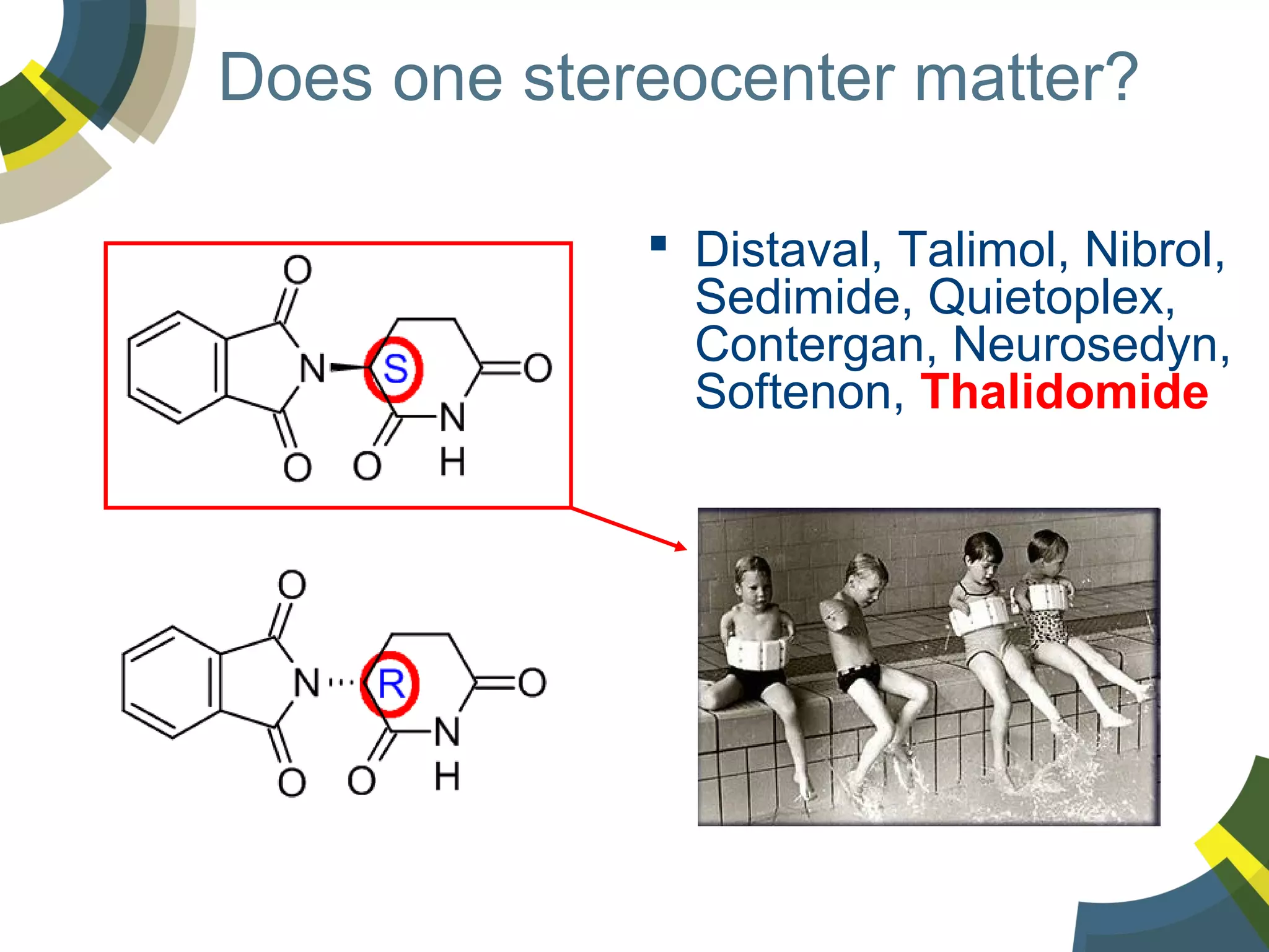 Does one stereocenter matter?
 Distaval, Talimol, Nibrol,
Sedimide, Quietoplex,
Contergan, Neurosedyn,
Softenon, Thalidomide

 