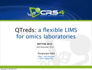 QTreds: a ﬂexible LIMS
                        for omics laboratories
                               NETTAB 2012
                               16th November, 2012



                                Piergiorgio Palla
                                CRS4 - DS3 Program
                                 email: pg@crs4.it



                                                     1

Wednesday, 21 November 2012
 