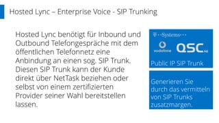 Hosted Lync – Enterprise Voice - SIP Trunking
Public IP SIP Trunk
Generieren Sie
durch das vermitteln
von SIP Trunks
zusatzmargen.
Hosted Lync benötigt für Inbound und
Outbound Telefongespräche mit dem
öffentlichen Telefonnetz eine
Anbindung an einen sog. SIP Trunk.
Diesen SIP Trunk kann der Kunde
direkt über NetTask beziehen oder
selbst von einem zertifizierten
Provider seiner Wahl bereitstellen
lassen.
 