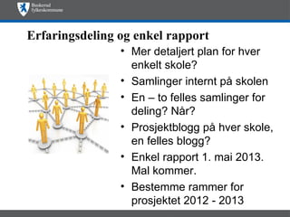 Erfaringsdeling og enkel rapport
                • Mer detaljert plan for hver
                  enkelt skole?
                • Samlinger internt på skolen
                • En – to felles samlinger for
                  deling? Når?
                • Prosjektblogg på hver skole,
                  en felles blogg?
                • Enkel rapport 1. mai 2013.
                  Mal kommer.
                • Bestemme rammer for
                  prosjektet 2012 - 2013
 