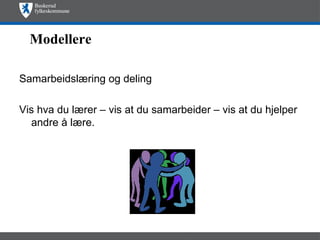Modellere

Samarbeidslæring og deling

Vis hva du lærer – vis at du samarbeider – vis at du hjelper
  andre å lære.
 