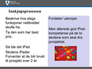 Innkjøpsprosessen
Beskrive hva slags           Fordeler/ ulemper.
funksjoner nettbrettet
skulle ha.                   Men allerede god iPad-
Ta den som har best          kompetanse på de to
pris.                        skolene som skal dra
                             prosjektet.
Så ble det iPad
Skolens iPader.
Forventer at de blir brukt
til prosjekt over 2 år.
 