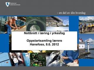 Nettbrett i læring i yrkesfag

 Oppstartsamling lærere
  Hønefoss, 8.6. 2012
 