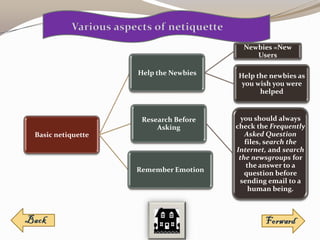 Newbies =New
                                           Users

                   Help the Newbies   Help the newbies as
                                       you wish you were
                                            helped


                    Research Before     you should always
                        Asking        check the Frequently
Basic netiquette                         Asked Question
                                         files, search the
                                      Internet, and search
                                       the newsgroups for
                                          the answer to a
                   Remember Emotion      question before
                                       sending email to a
                                           human being.
 