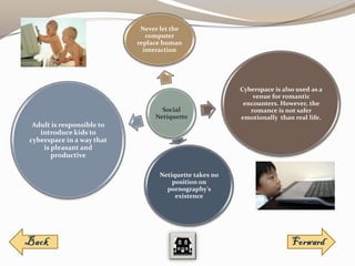 Never let the
                              computer
                           replace human
                             interaction




                                                        Cyberspace is also used as a
                                                            venue for romantic
                                                         encounters. However, the
                                  Social                   romance is not safer
                                Netiquette              emotionally than real life.
 Adult is responsible to
   introduce kids to
cyberspace in a way that
    is pleasant and
       productive

                                  Netiquette takes no
                                      position on
                                    pornography's
                                       existence
 
