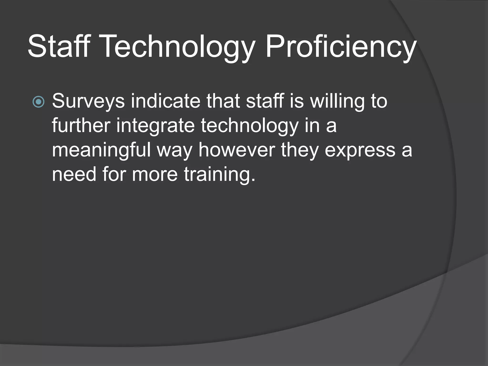 Staff Technology Proficiency
   Surveys indicate that staff is willing to
    further integrate technology in a
    meaningful way however they express a
    need for more training.
 