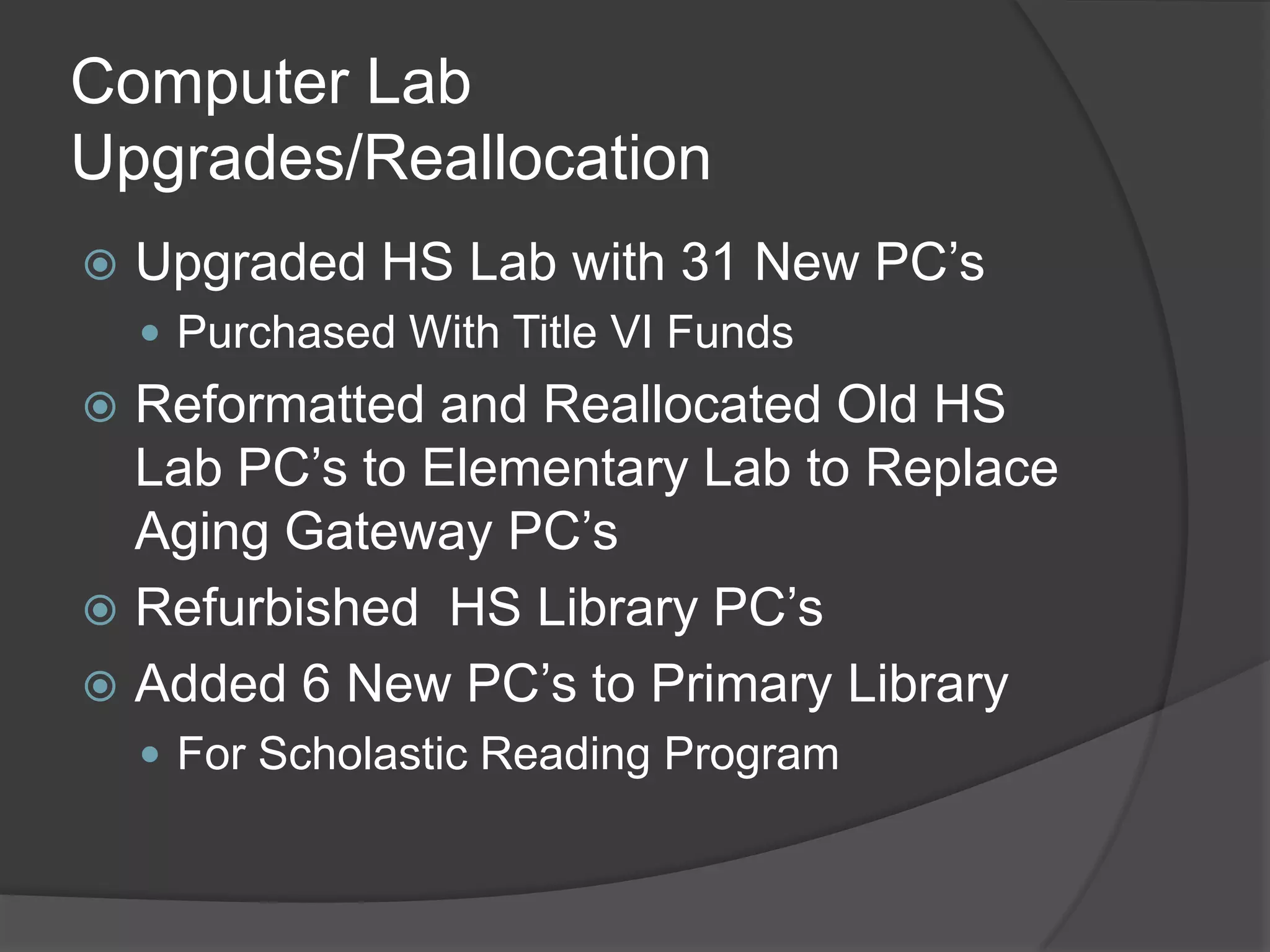 Computer Lab
Upgrades/Reallocation
   Upgraded HS Lab with 31 New PC’s
     Purchased With Title VI Funds
 Reformatted and Reallocated Old HS
  Lab PC’s to Elementary Lab to Replace
  Aging Gateway PC’s
 Refurbished HS Library PC’s
 Added 6 New PC’s to Primary Library
     For Scholastic Reading Program
 