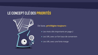 Leconceptclédes priorités
De base, privilégiez toujours :
Les mots clés importants en page 2
Les URL avec un fort taux de conversion
Les URL avec une forte marge
 