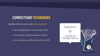 Correctionstechniques
Quelles URL de votre site vous nuisent ?
Les URL générées à tort par votre CMS
Vos anciens contenus devenus inutiles
Les contenus par défaut de certains CMS
Suppression
+
301
+
enlever du
maillage interne
xxx
 