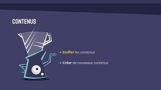 Contenus
Etoffer les contenus
Créer de nouveaux contenus
 