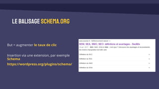 LebalisageSchema.org
But = augmenter le taux de clic
Insertion via une extension, par exemple
Schema
https://wordpress.org/plugins/schema/
 
