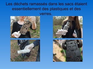 Les déchets ramassés dans les sacs étaient
essentiellement des plastiques et des
verres.
 