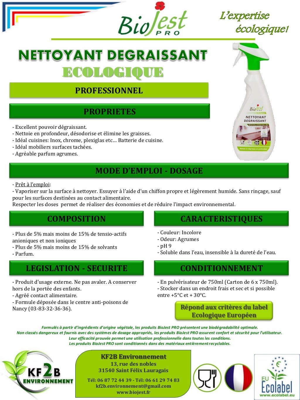 Nettoyant dégraissant écologique Biojest Pro Ecolabel UE 750 ml fiche technique
