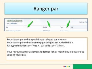 Ranger par
Pour classer par ordre alphabétique : cliquez sur « Nom »
Pour classer par ordre chronologique : cliquez sur « Modifié le »
Par type de fichier sur « Type » , par taille sur « Taille »…
Vous retrouvez ainsi facilement le dernier fichier modifié ou le dossier que
vous ne voyez pas.
 