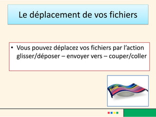 Le déplacement de vos fichiers
• Vous pouvez déplacez vos fichiers par l’action
glisser/déposer – envoyer vers – couper/coller
 