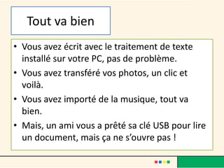 Tout va bien
• Vous avez écrit avec le traitement de texte
installé sur votre PC, pas de problème.
• Vous avez transféré vos photos, un clic et
voilà.
• Vous avez importé de la musique, tout va
bien.
• Mais, un ami vous a prêté sa clé USB pour lire
un document, mais ça ne s’ouvre pas !
 