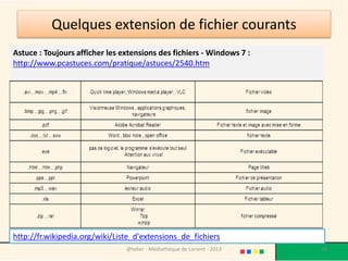 Quelques extension de fichier courants
@telier - Médiathèque de Lorient - 2013 68
http://fr.wikipedia.org/wiki/Liste_d'extensions_de_fichiers
Astuce : Toujours afficher les extensions des fichiers - Windows 7 :
http://www.pcastuces.com/pratique/astuces/2540.htm
 