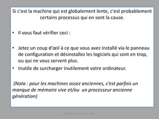 Récupération
Médiathèque - Lorient - 2016
La première option propose de « réparer » l’ordinateur si celui-ci rencontre des
problèmes de stabilité. Windows sera remis dans un état de fonctionnement normal.
Les applications Windows Store seront réinstallés mais pas les logiciels standards
(ceux qui ont été téléchargés sur internet ou installés à partir d’un CD/DVD).
Cette opération est sans risque pour les documents personnels mais cela n’empêche
pas une sauvegarde préventive de vos fichiers.
 