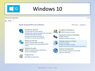 Afficher la barre de droite
• Sur votre PC, placez votre curseur dans un des
coins droits de votre écran.
• Des icônes apparaissent, amenez votre curseur
sur ces icônes ; la barre latérale apparaît.
• Paramètres vous donne accès au panneau de
configuration
Médiathèque - Lorient - 2016
Dans Windows 8
 