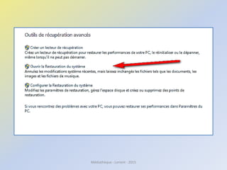 Méthode rapide
Ouvrir Restauration du système
• Pour ouvrir Restauration du système, cliquez
sur le bouton Démarrer,
• Dans la zone de recherche, tapez Restauration
du système, puis, dans la liste des résultats,
cliquez sur Restauration du système.‌
Autorisation de l’administrateur nécessaire Si
vous êtes invité à fournir un mot de passe
administrateur ou une confirmation,
fournissez le mot de passe ou la confirmation.
Médiathèque - Lorient - 2016
 