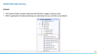 29
ASP.NET MVC Folder Structure
Content
• The Content folder contains static files like CSS files, images, and icons files.
• MVC 5 application includes bootstrap.css, bootstrap.min.css, and Site.css by default.
 