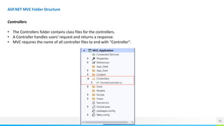 31
ASP.NET MVC Folder Structure
Controllers
• The Controllers folder contains class files for the controllers.
• A Controller handles users' request and returns a response.
• MVC requires the name of all controller files to end with "Controller".
 