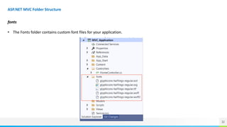 32
ASP.NET MVC Folder Structure
fonts
• The Fonts folder contains custom font files for your application.
 