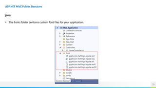 33
ASP.NET MVC Folder Structure
fonts
• The Fonts folder contains custom font files for your application.
 