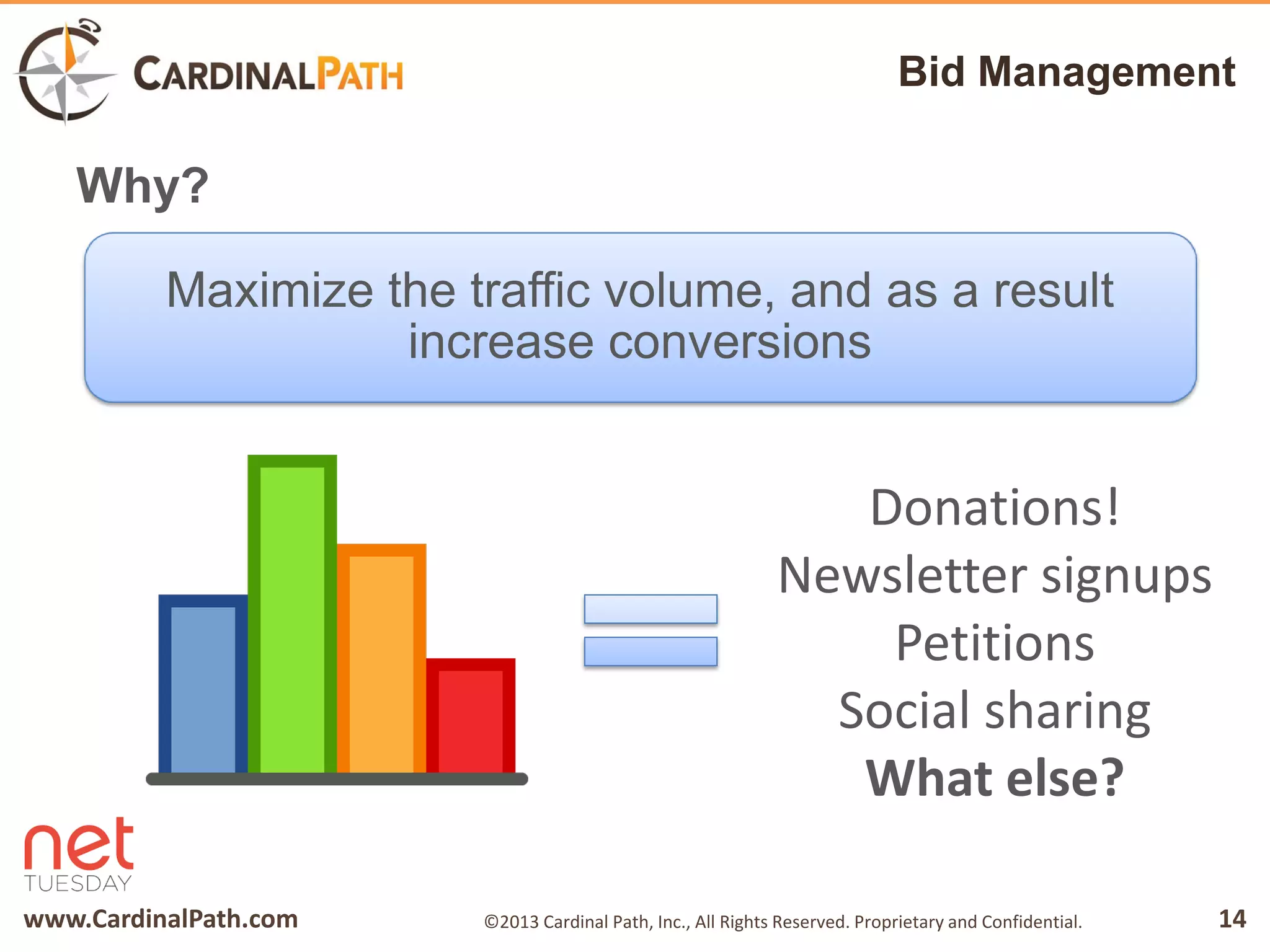 www.CardinalPath.com 14©2013 Cardinal Path, Inc., All Rights Reserved. Proprietary and Confidential.
Bid Management
Maximize the traffic volume, and as a result
increase conversions
Why?
Donations!
Newsletter signups
Petitions
Social sharing
What else?
 