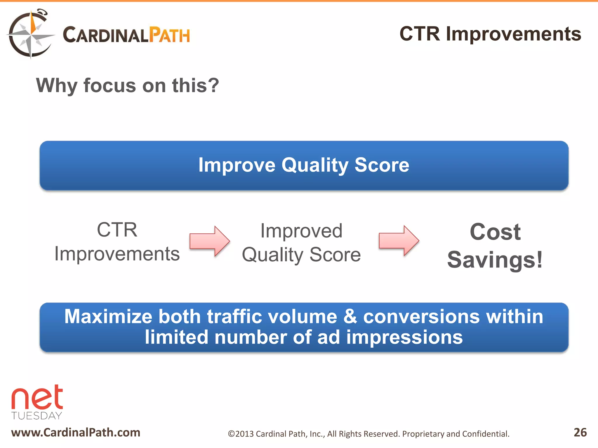 www.CardinalPath.com 26©2013 Cardinal Path, Inc., All Rights Reserved. Proprietary and Confidential.
CTR Improvements
Why focus on this?
Improve Quality Score
Maximize both traffic volume & conversions within
limited number of ad impressions
CTR
Improvements
Improved
Quality Score
Cost
Savings!
 