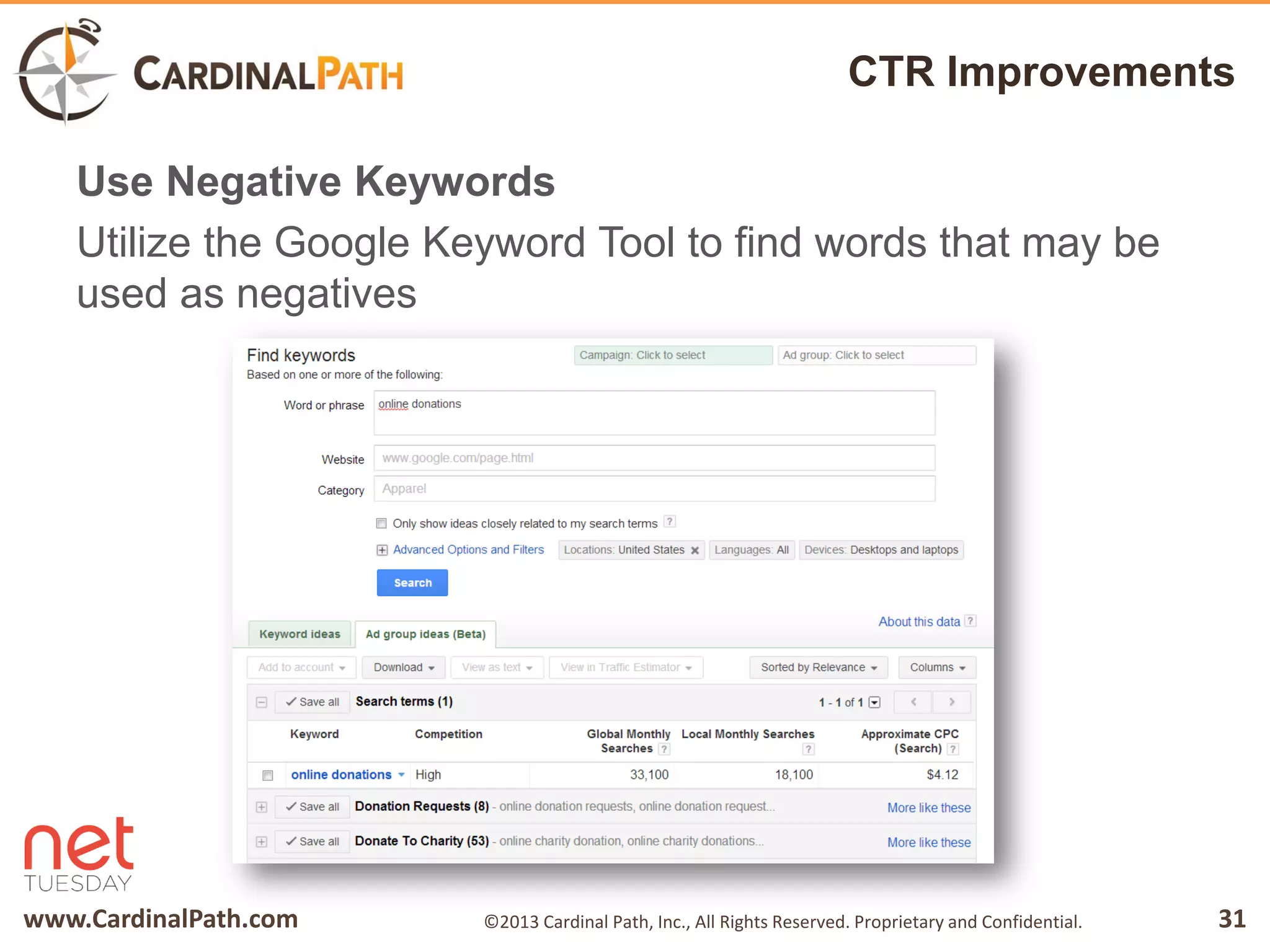 www.CardinalPath.com 31©2013 Cardinal Path, Inc., All Rights Reserved. Proprietary and Confidential.
CTR Improvements
Use Negative Keywords
Utilize the Google Keyword Tool to find words that may be
used as negatives
 