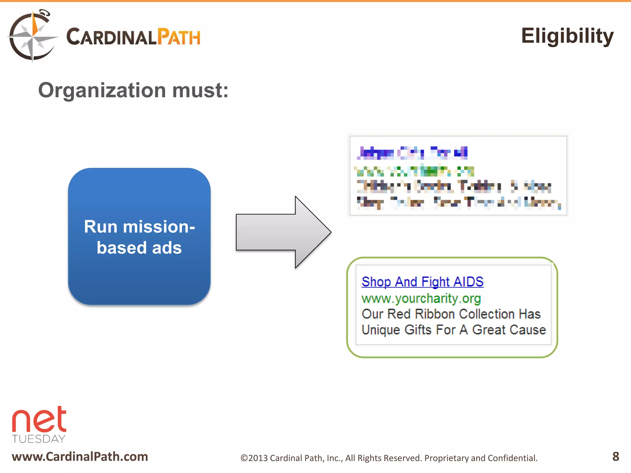 www.CardinalPath.com 8©2013 Cardinal Path, Inc., All Rights Reserved. Proprietary and Confidential.
Eligibility
Organization must:
Run mission-
based ads
 