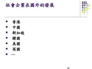 社會企業在國外的發展


l   香港
l   中國
l   新加坡
l   韓國
l   美國
l   英國
l   …
 