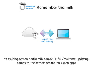 Remember	
  the	
  milk
hKp://blog.rememberthemilk.com/2011/08/real-­‐Fme-­‐updaFng-­‐
comes-­‐to-­‐the-­‐remember-­‐the-­‐milk-­‐web-­‐app/
 