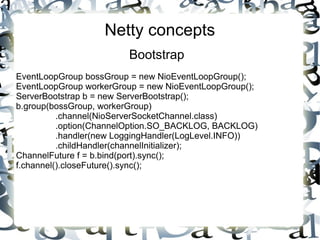 Netty concepts
Bootstrap
EventLoopGroup bossGroup = new NioEventLoopGroup();
EventLoopGroup workerGroup = new NioEventLoopGroup();
ServerBootstrap b = new ServerBootstrap();
b.group(bossGroup, workerGroup)
.channel(NioServerSocketChannel.class)
.option(ChannelOption.SO_BACKLOG, BACKLOG)
.handler(new LoggingHandler(LogLevel.INFO))
.childHandler(channelInitializer);
ChannelFuture f = b.bind(port).sync();
f.channel().closeFuture().sync();

 