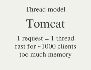 Thread model

    Tomcat
 1 request = 1 thread
fast for ~1000 clients
  too much memory
 