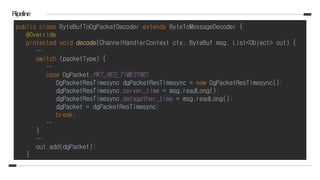 Piipeline
public class ByteBufToDgPacketDecoder extends ByteToMessageDecoder {
@Override
protected void decode(ChannelHandlerContext ctx, ByteBuf msg, List<Object> out) {
…
switch (packetType) {
…
case DgPacket.PKT_RES_TIMESYNC:
DgPacketResTimesync dgPacketResTimesync = new DgPacketResTimesync();
dgPacketResTimesync.server_time = msg.readLong();
dgPacketResTimesync.datagather_time = msg.readLong();
dgPacket = dgPacketResTimesync;
break;
…
}
…
out.add(dgPacket);
}
 