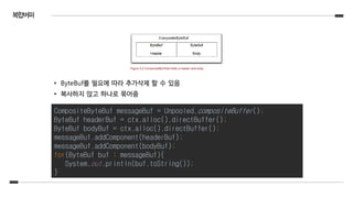 복합버퍼
• ByteBuf를 필요에 따라 추가삭제 할 수 있음
• 복사하지 않고 하나로 묶어줌
CompositeByteBuf messageBuf = Unpooled.compositeBuffer();
ByteBuf headerBuf = ctx.alloc().directBuffer();
ByteBuf bodyBuf = ctx.alloc().directBuffer();
messageBuf.addComponent(headerBuf);
messageBuf.addComponent(bodyBuf);
for(ByteBuf buf : messageBuf){
System.out.println(buf.toString());
}
 