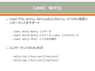  Camelでは、Netty、Netty4およびNetty HTTPの3種類コ
ンポーネントをサポート
o Camel Netty：Netty 3.Xベース
o Camel Nett4：Netty 4.Xベース。Camel 2.14でリリース
o Camel Netty Http： ここでは対象外
 コンポーネントのURL形式
o netty:tcp://host:port[?options]
o netty:udp://host:port[?options]
 